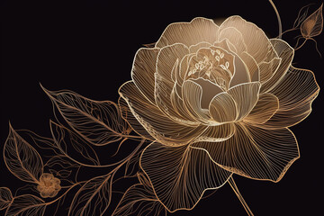An elegant and luxurious illustration featuring a background with gold flowers made of thin golden lines on a dark background, creating a delicate floral texture. Ai generated
