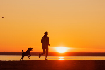 Fototapeta na wymiar woman and dog on run on seashore, silhouette against background of setting sun. healthy lifestyle, freedom and outdoor sports. labrador retriever dog