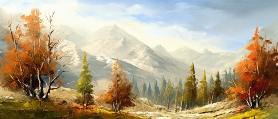 Mountainous woodlands with autumn pine trees, forest glade with grassy patches and dreamy cloud cover, beautiful vast unspoiled fall landscape - generative AI