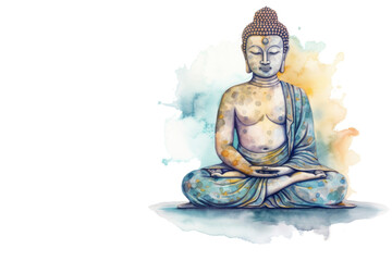 Watercolor illustration of Buddha, buddhism white banner design, Generative AI