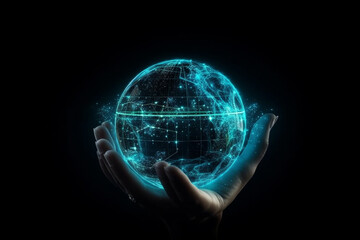 Obraz premium Digital planet inside the palm of a human hand, with transparent surfaces and bioluminescent lights, set against a dark background. Ai generated