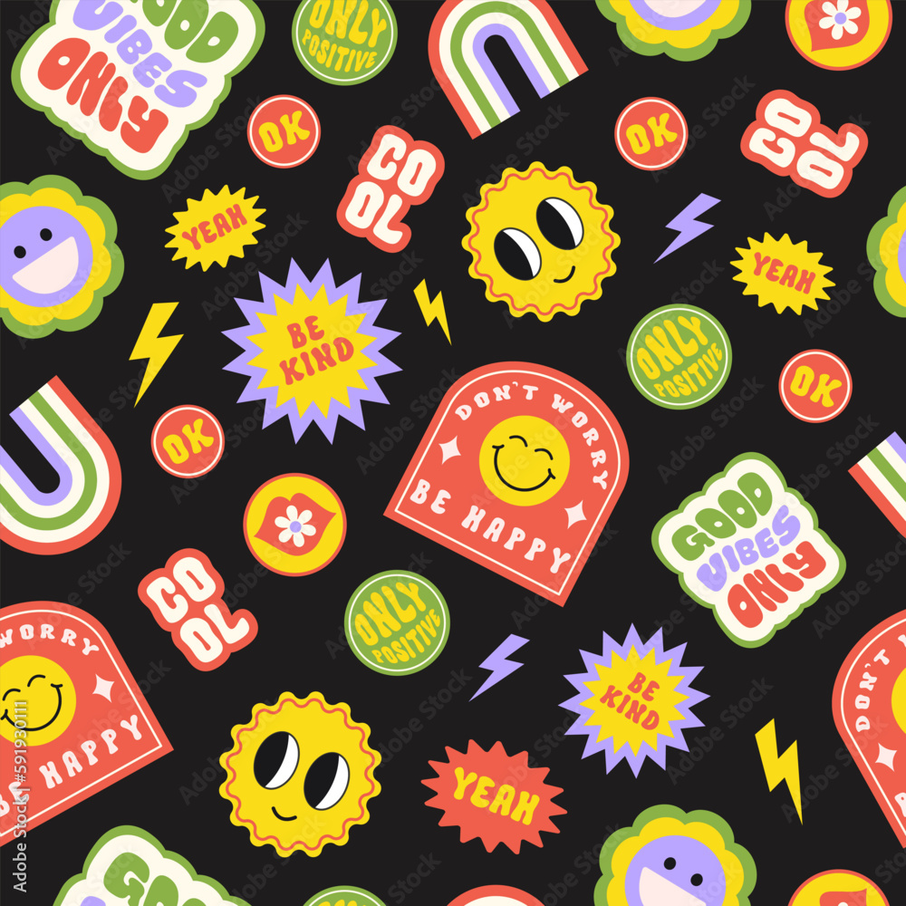 Poster trendy colorful cartoon stickers seamless pattern with smiling face and text. collection of cute fun
