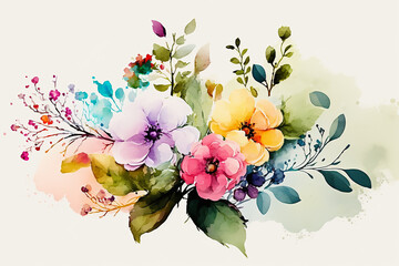 Beautiful hand-drawn watercolor flower bouquets isolated white background