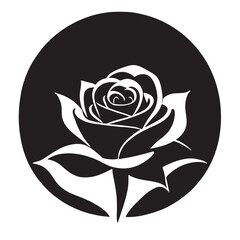 Rose in round frame stylized as a logo. Also good for tattoo. Editable vector monochrome image with high details isolated on white background