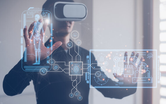 Digital Technology Medical Internet Connection, Man Wearing VR Glasses Working With Virtual Global Internet Connection Metaverse, AI Technology Medical Health Tech.