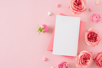 Flat lay photo of envelope with white card pink rose buds and small hearts on isolated pastel pink background with copyspace. Mother's Day floral concept