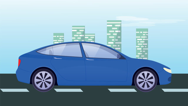Flat vector cartoon style illustration of landscape street with car on the road.