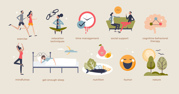 Stress management techniques and anxiety treatment tiny person collection set. List with elements for calm, happy and mindful lifestyle vector illustration. Relaxation, exercise and social support.