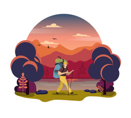 Man tourist walking flat illustration with sunset mountain background. Camp travel theme tourism concept 