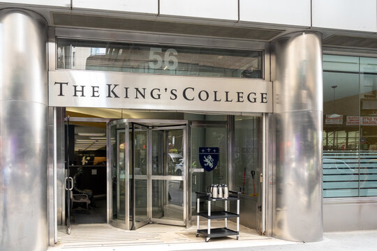 New York, NY, USA - August 17, 2022: The entrance to King's College (TKC or simply King's) at 56 Broadway in New York, NY, USA. The King's College is a private Christian liberal arts college. 