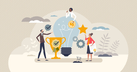 Employee recognition and rewards with motivation bonus tiny person concept. Reward after successful professional job or excellent results vector illustration. Prize money as work gratitude or respect - obrazy, fototapety, plakaty