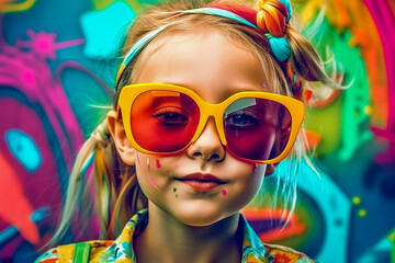 Portrait of a beautiful smiling little girl with big colorful sunglasses and with his face painted with colored powders - generative ai