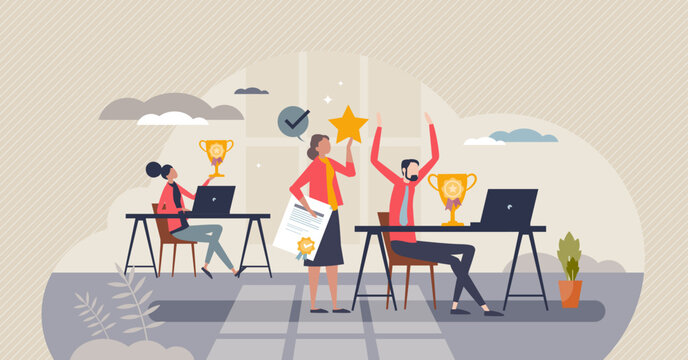 Employee recognition or rewards as motivational challenge tiny person concept. Money bonus, respect and gratitude for best sales record on company vector illustration. Appreciation for job success.