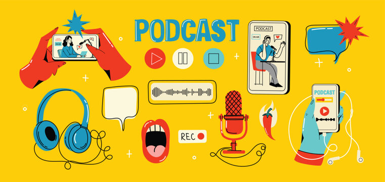 Podcast recording and listening, broadcasting, online radio, audio streaming service concept. Hand drawn vector isolated illustrations of headphones, microphone, laptop, equalizer, speech bubbles.