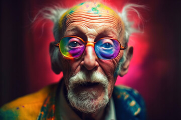 Portrait of a funny face old man with big colorful sunglasses and with his face painted with colored powders - generative ai