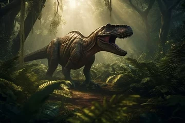Fotobehang T-Rex dinosaur in the jungle, with its mouth open in a menacing growl, surrounded by lush vegetation and towering trees. The artwork is inspired by the Jurassic World concept. ai generated © twindesigner