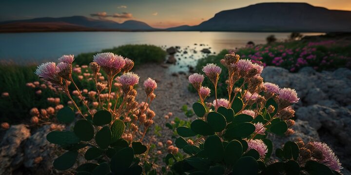 Around sunset in Greece, trifolium stellatum blossoms are a sight to see. Generative AI