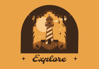 Colorful flat illustration of lighthouse in the forest