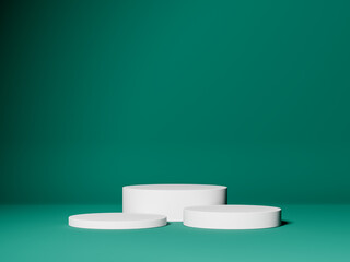 White podium or pedestal display on grey background with platform. Blank product shelf standing backdrop