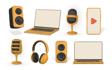 3d realistic microphone, smartphone, laptop, headphone and audio speaker in plastic cartoon style. Vector illustration