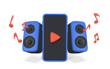 3d realistic smartphone and audio speaker with music notes in plastic cartoon style. Vector illustration