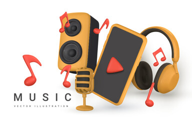 3d music banner. Realistic microphone, smartphone, music notes, headphone and audio speaker in plastic cartoon style. Vector illustration