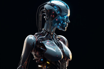 Robot girl isolated on black background. The concept of artificial intelligence, technology. Cyborg woman. Female android. Copy space. Scientific progress. ai generated