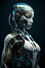 Robot girl isolated on a dark background. The concept of artificial intelligence, technology. Cyborg woman. Female android. Scientific progress. ai generated