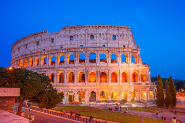 Fototapeta na wymiar Colorful view of the Colosseum in the blue hour, Rome Italy.