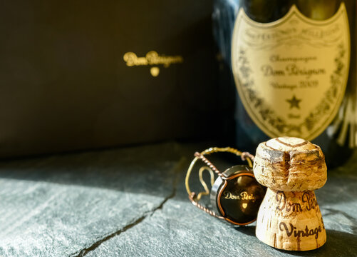 BERLIN, GERMANY - March 23, 2019: Close up of Dom Perignon champagne cork. Blurred background.