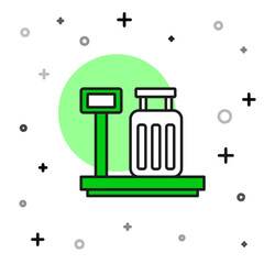 Filled outline Scale with suitcase icon isolated on white background. Logistic and delivery. Weight of delivery package on a scale. Vector