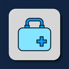 Filled outline First aid kit icon isolated on blue background. Medical box with cross. Medical equipment for emergency. Healthcare concept. Vector
