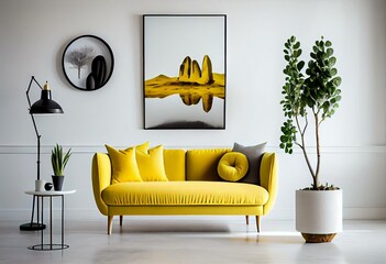 White wall interior living room have yellow sofa and decoration minimal. Generative AI