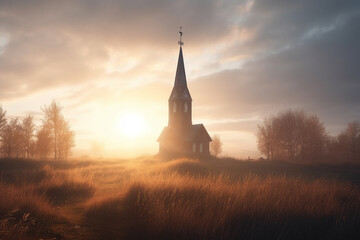 Obraz premium Beautiful Nordic church nestled in a serene and picturesque landscape at sunrise, with misty hills and mountains in the background, surrounded by trees, and with a river flowing nearby. Ai generated