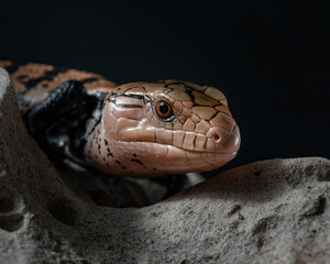 Fototapeta premium Common blue-tongued lizard close up. Portrait of an exotic pet on rock in the studio. Tiliqua scincoides in studio