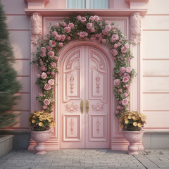 Fototapeta na wymiar Generative AI: fantasy ormanet pink old front door