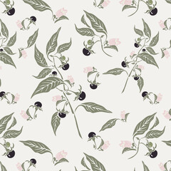 Beladonna flower and fruits seamless floral pattern in vector. Flowers Pattern in vector on transparent and beige backgrounds singly. Colored pattern in the Beladonna floral background