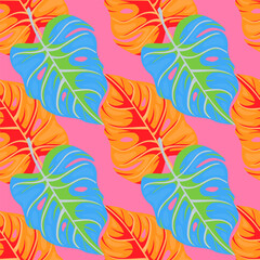 Fototapeta na wymiar Stylized tropical pattern, palm leaves floral background. Abstract exotic plant seamless pattern. Botanical leaf wallpaper.