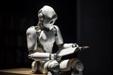 Humanoid robot cyborg reading a book and acquiring new data, representing the concept of artificial intelligence and its continuous development. Ai generated