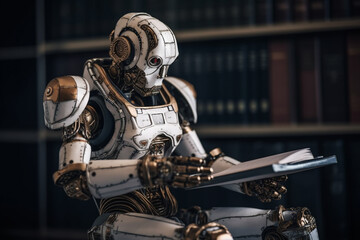 Humanoid robot cyborg reading a book and acquiring new data, representing the concept of artificial intelligence and its continuous development. Ai generated