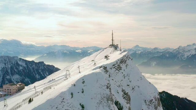 snowcapped view of Rochers de Naye massif in Switzerland aerial