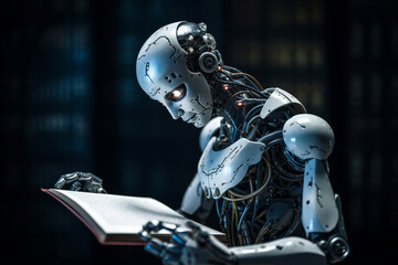 Fototapeta premium Humanoid robot cyborg reading a book and acquiring new data, representing the concept of artificial intelligence and its continuous development. Ai generated