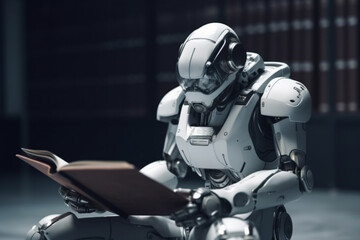 Humanoid robot cyborg reading a book and acquiring new data, representing the concept of artificial intelligence and its continuous development. Ai generated