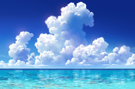 青空　入道雲　海　背景イラスト