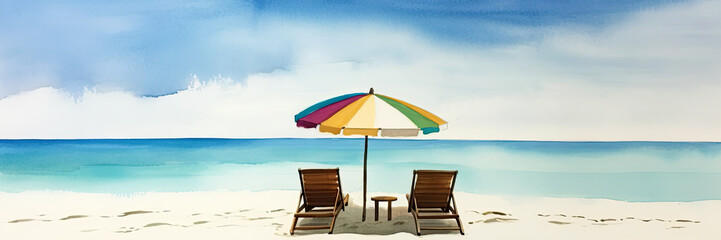 Beautiful beach banner. White sand, chairs and umbrella travel tourism wide panorama background concept. Amazing beach watercolor landscape watercolor painting