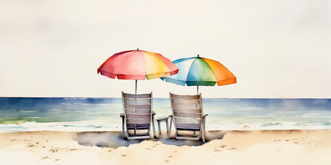 Beautiful beach banner. White sand, chairs and umbrella travel tourism wide panorama background concept. Amazing beach watercolor landscape watercolor painting