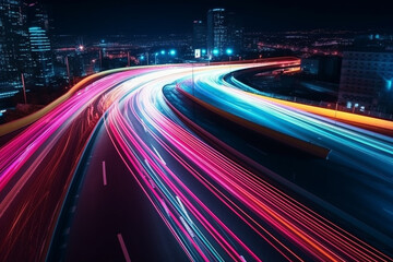 Fototapeta premium Illustration capturing the speed concept with light trails from long exposure photography during the night in a bustling city. Ai generated.
