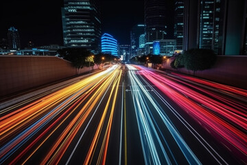 Illustration capturing the speed concept with light trails from long exposure photography during the night in a bustling city. Ai generated.
