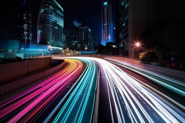 Fototapeta premium Illustration capturing the speed concept with light trails from long exposure photography during the night in a bustling city. Ai generated.