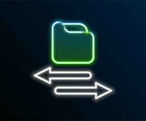 Glowing neon line Transfer files icon isolated on black background. Copy files, data exchange, backup, PC migration, file sharing concepts. Colorful outline concept. Vector